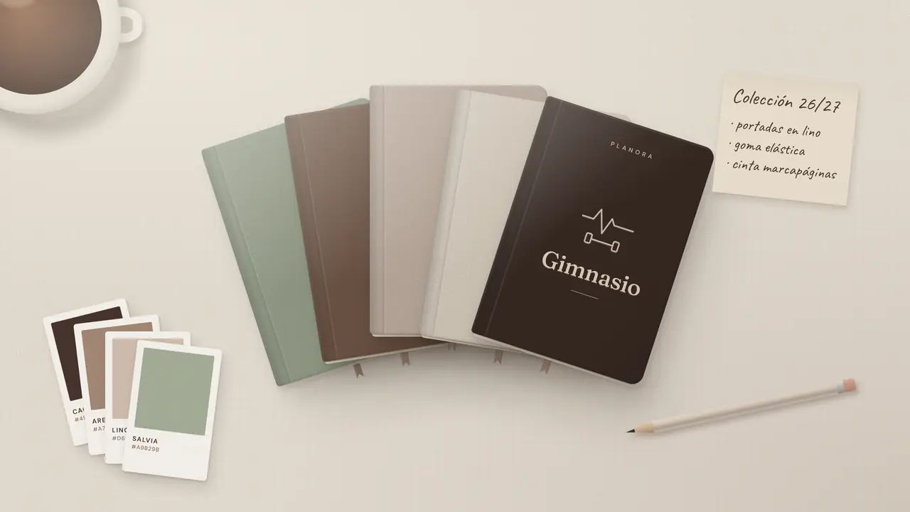 Agendas Planora de varias categorías en abanico sobre la mesa de trabajo, con muestras de color y una nota de la colección